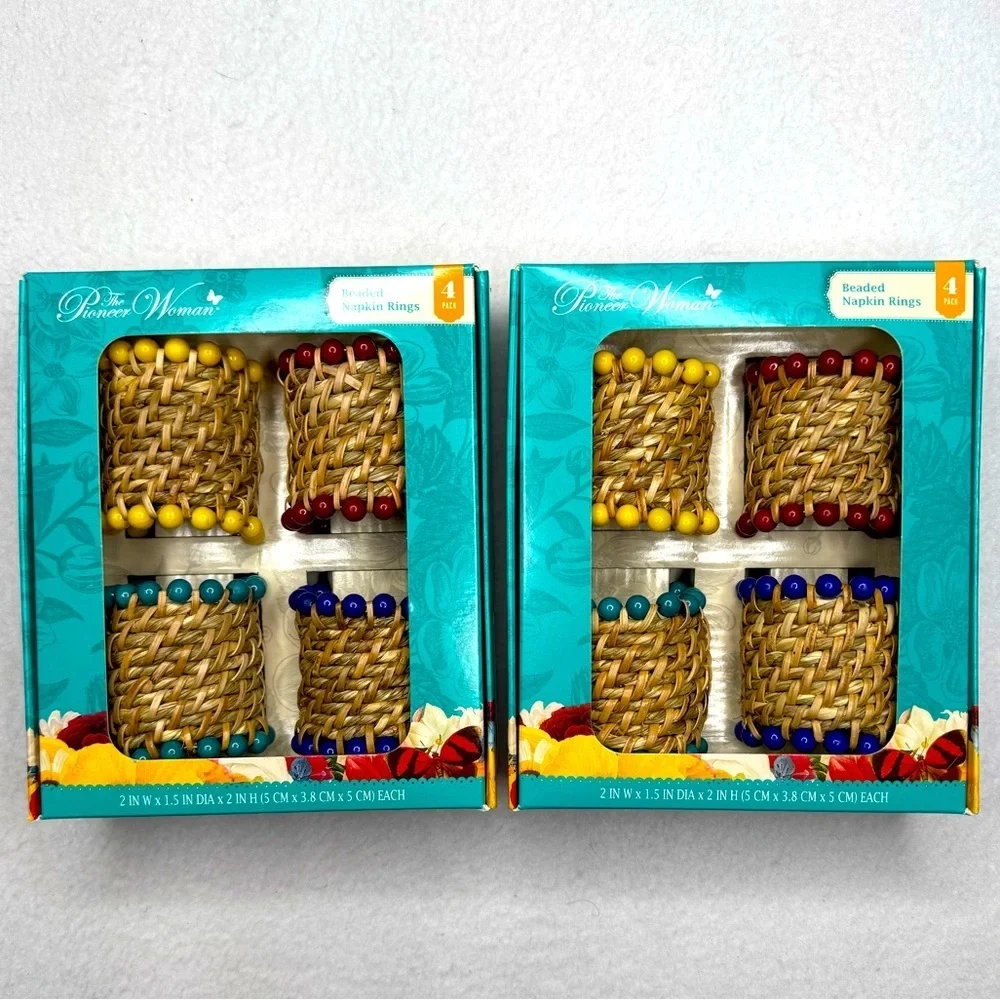 Beaded Rattan Napkin Rings Set of 8 / 2 Boxes Pioneer Woman New boho bohemian